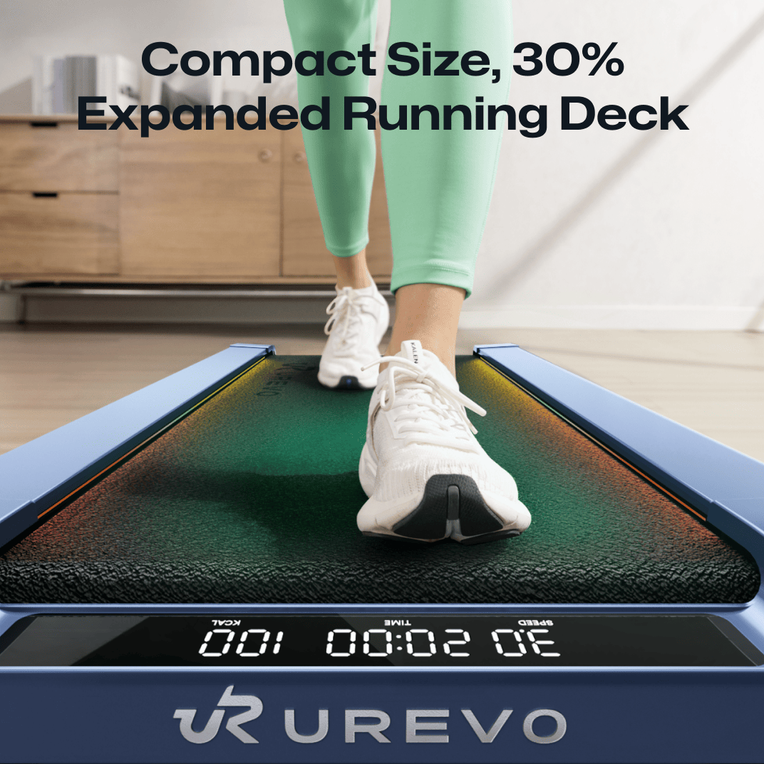 A person walks on a UREVO CyberPad for Home Treadmill, showcasing its compact size and expanded running deck.