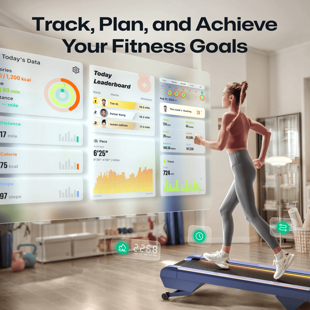 A woman runs on a UREVO CyberPad for Home Treadmill, using an interactive display to track, plan, and achieve fitness goals.
