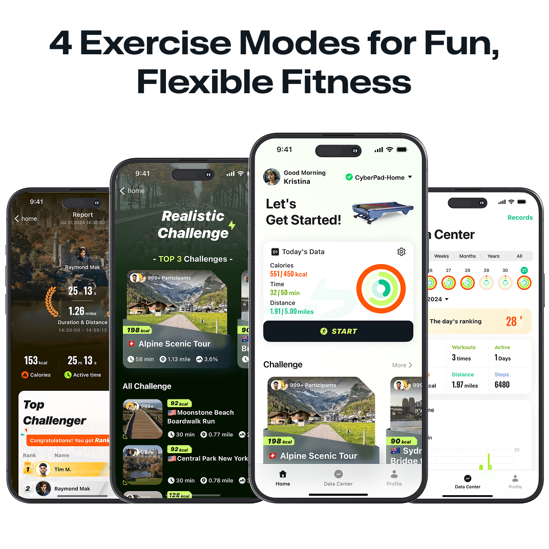UREVO CyberPad for Home Treadmill offers 4 exercise modes for fun, flexible fitness, with app features like challenges and data tracking.