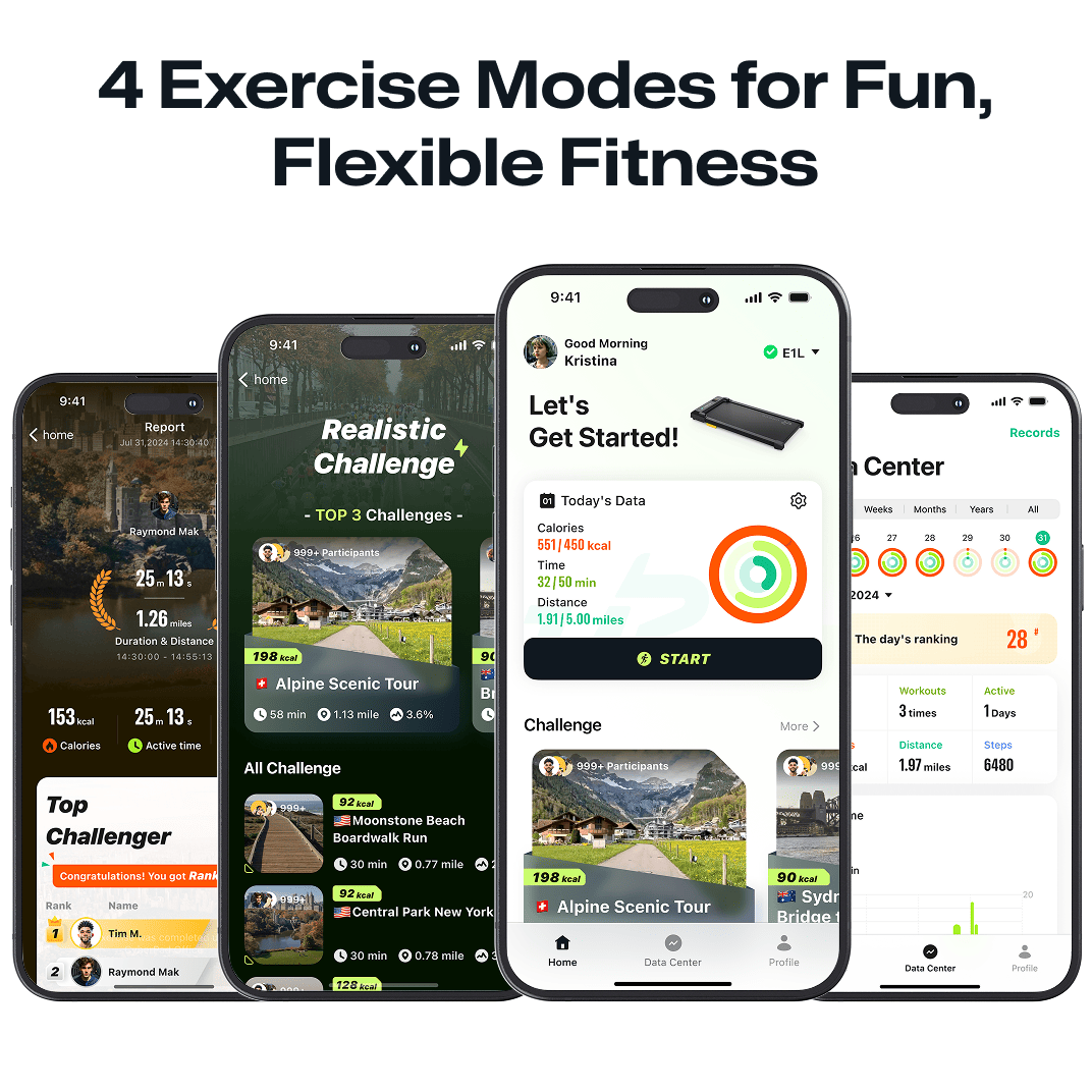 The UREVO app offers 4 exercise modes for fun, flexible fitness, including realistic challenges and detailed data tracking.