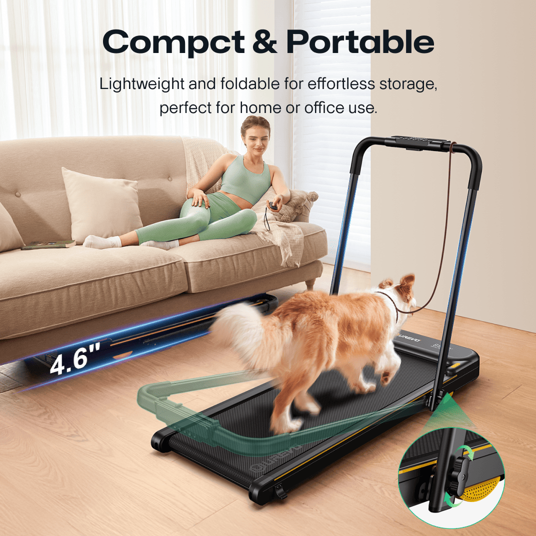 The UREVO Strol 2E Smart Treadmill is compact and portable, lightweight and foldable for easy storage, ideal for home or office use.