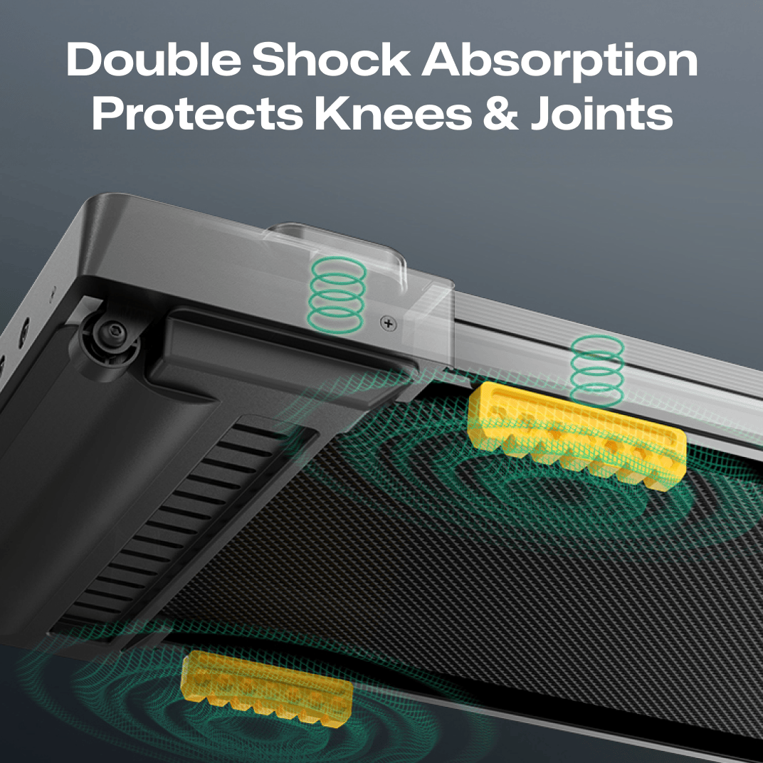 The UREVO SpaceWalk E1L Treadmill has double shock absorption, featuring springs and cushioning to protect knees and joints during workouts.