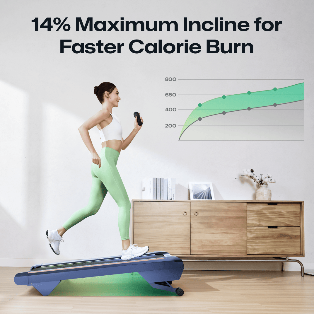 A woman runs on a UREVO CyberPad for Home Treadmill, highlighting its 14% maximum incline for faster calorie burn.