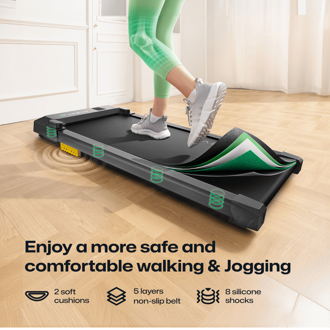 The UREVO SpaceWalk E1L Treadmill offers a safe and comfortable walking & jogging experience with soft cushions, a non-slip belt, and silicone shocks.