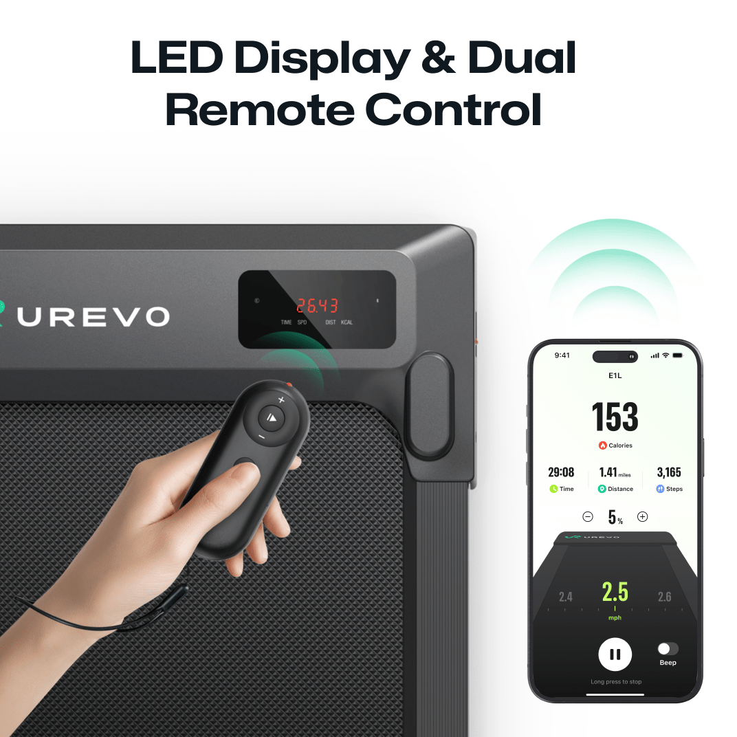 The UREVO SpaceWalk E1L Treadmill features an LED display and dual remote control, allowing easy monitoring and adjustment of workout data.