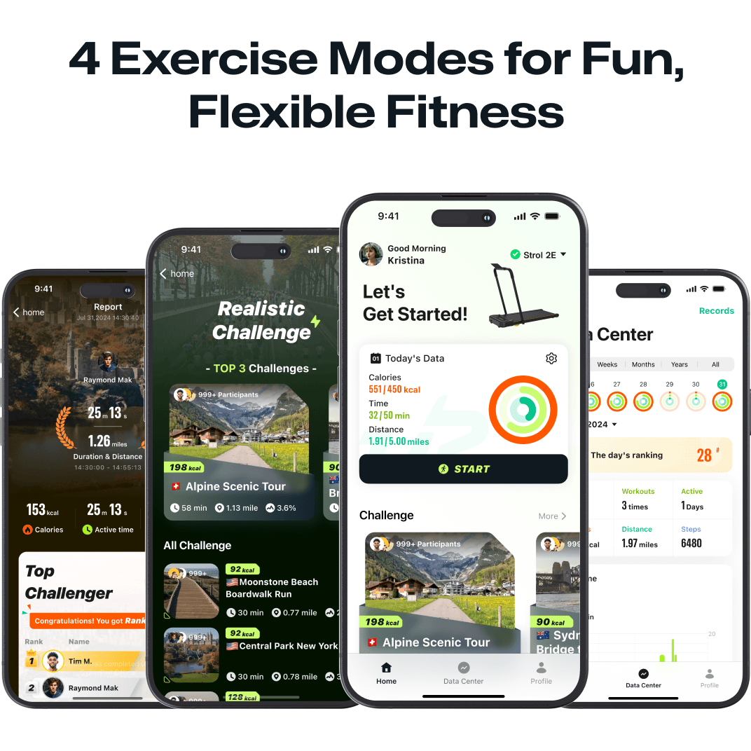 The UREVO app offers 4 exercise modes for fun, flexible fitness, including realistic challenges and data tracking.