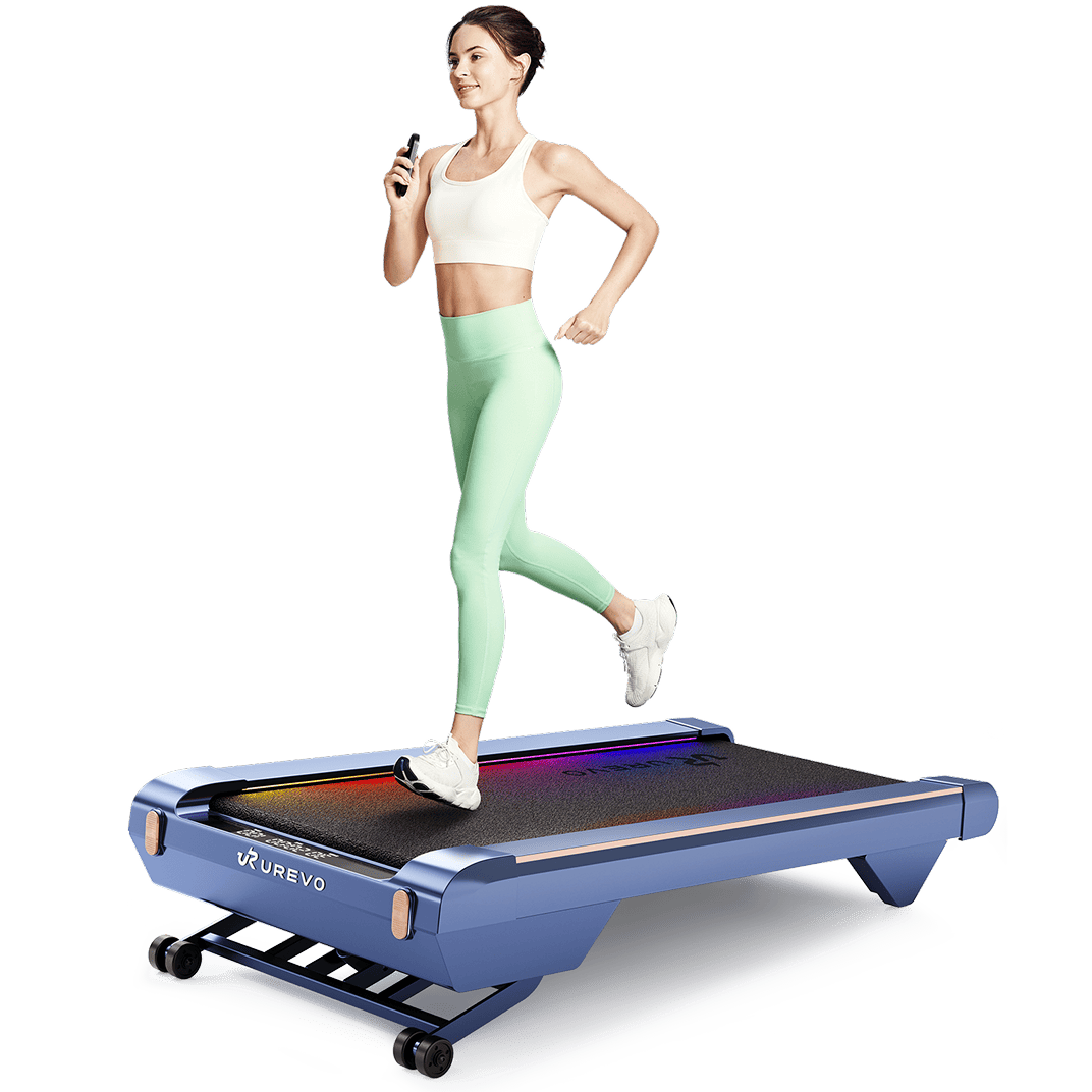 A woman is running on a UREVO CyberPad for Home Treadmill, wearing sportswear.