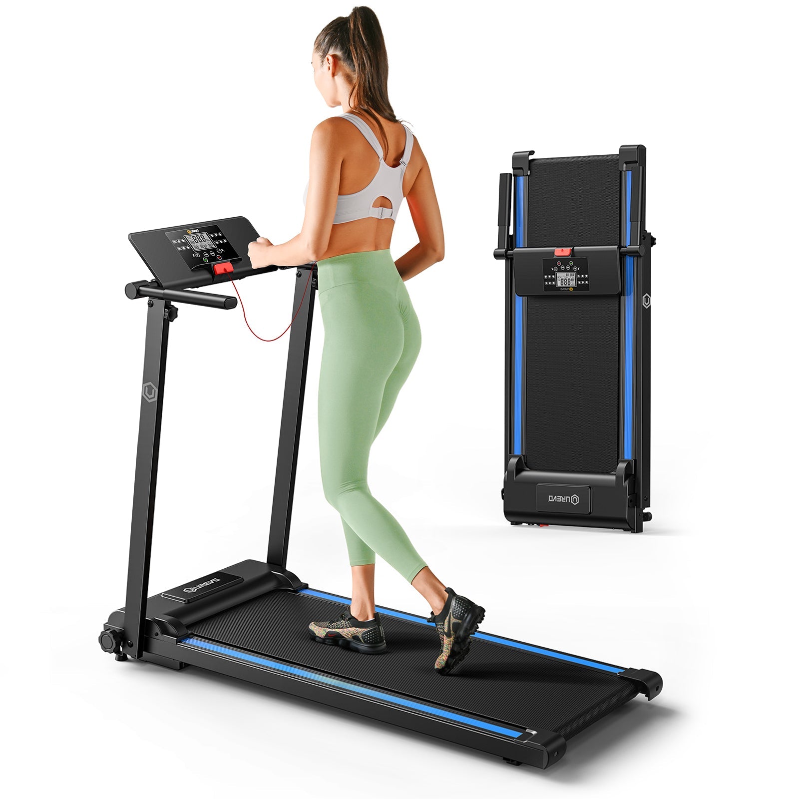 UREVO Foldi Mini Treadmill in use and folded, highlighting its compact design.