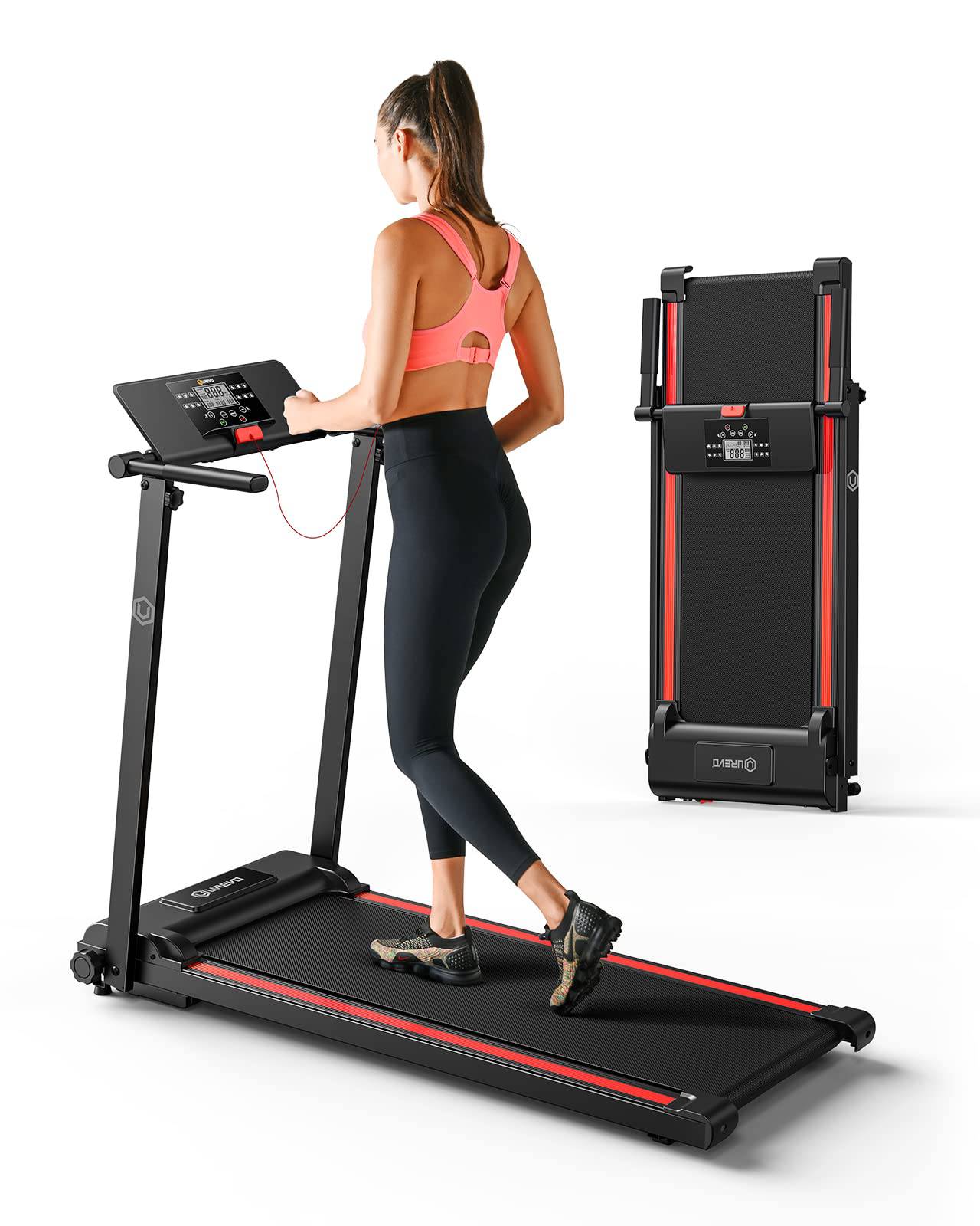 UREVO Foldi Mini Treadmill in use and folded state, showcasing its compact design.
