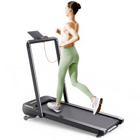 A woman runs on a UREVO Strol 2S Pro Treadmill, showcasing its sleek design and comfortable running surface.